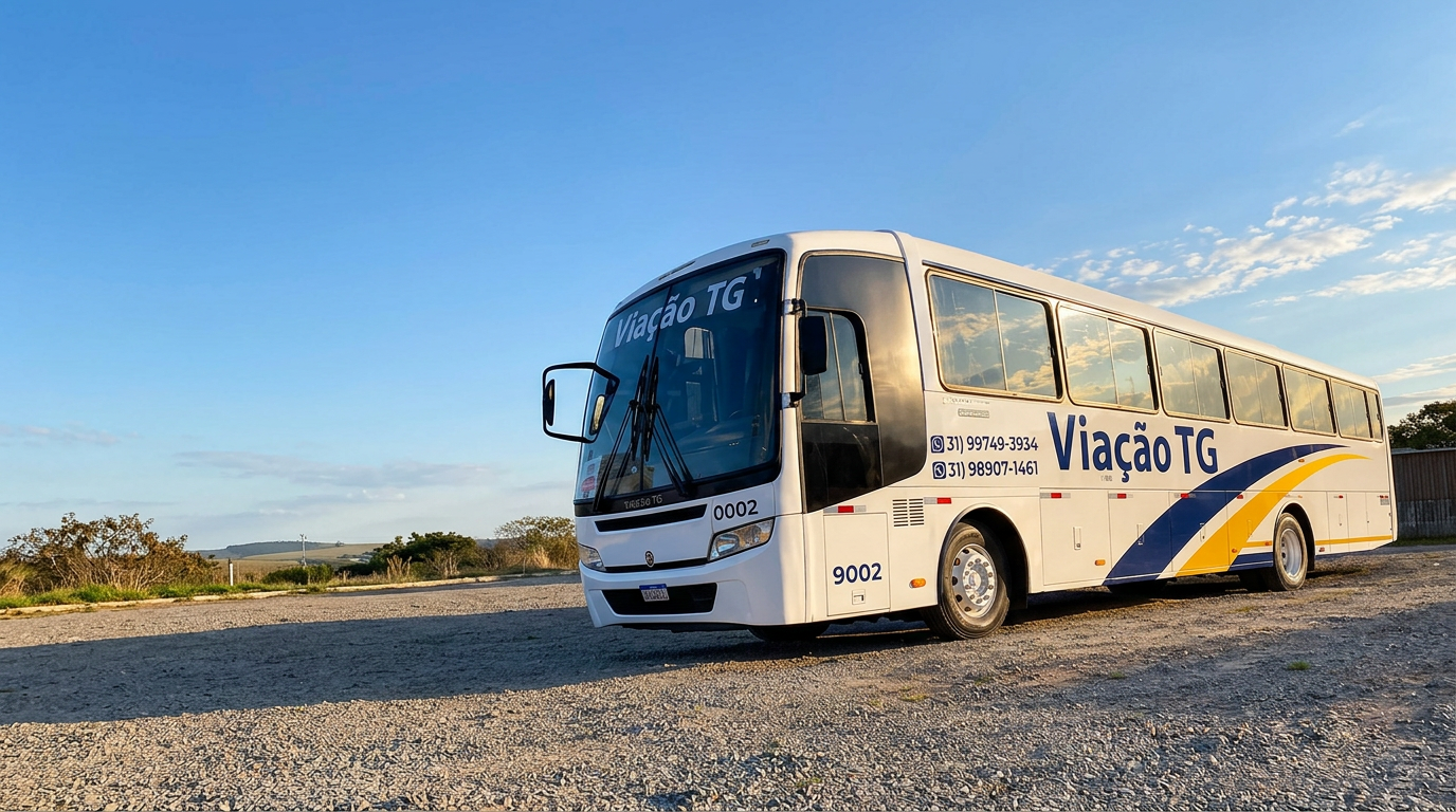 Ônibus Viação TG com as cores azul-marinho e amarelo